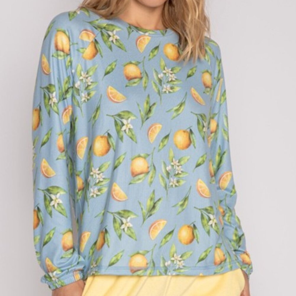PJ Salvage Orange Juice Pajama Top Peachy Lounge Sleep Blue Size Large NEW